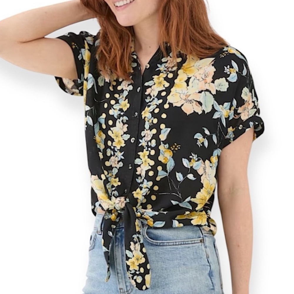 Fat Face Black Floral Tie-Front Blouse with Yellow & Cream Flowers
